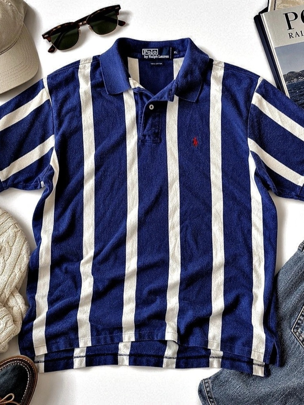 Vintage 90s Y2K Polo by Ralph Lauren Striped Cotton Polo in Blue & White XL